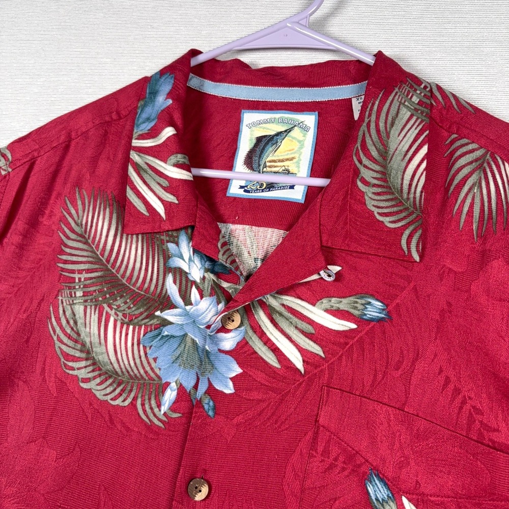 Tommy Bahama Shirt Mens XL Red Silk Hawaiian Aloha Camp Floral Palm 25 Years